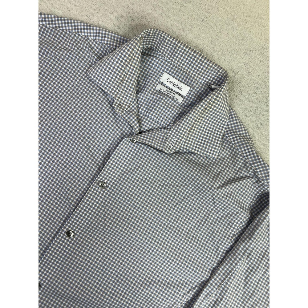 Calvin Klein Mens 16.5 32/33 Blue Brown Check Regular Fit Non Iron Dress Shirt